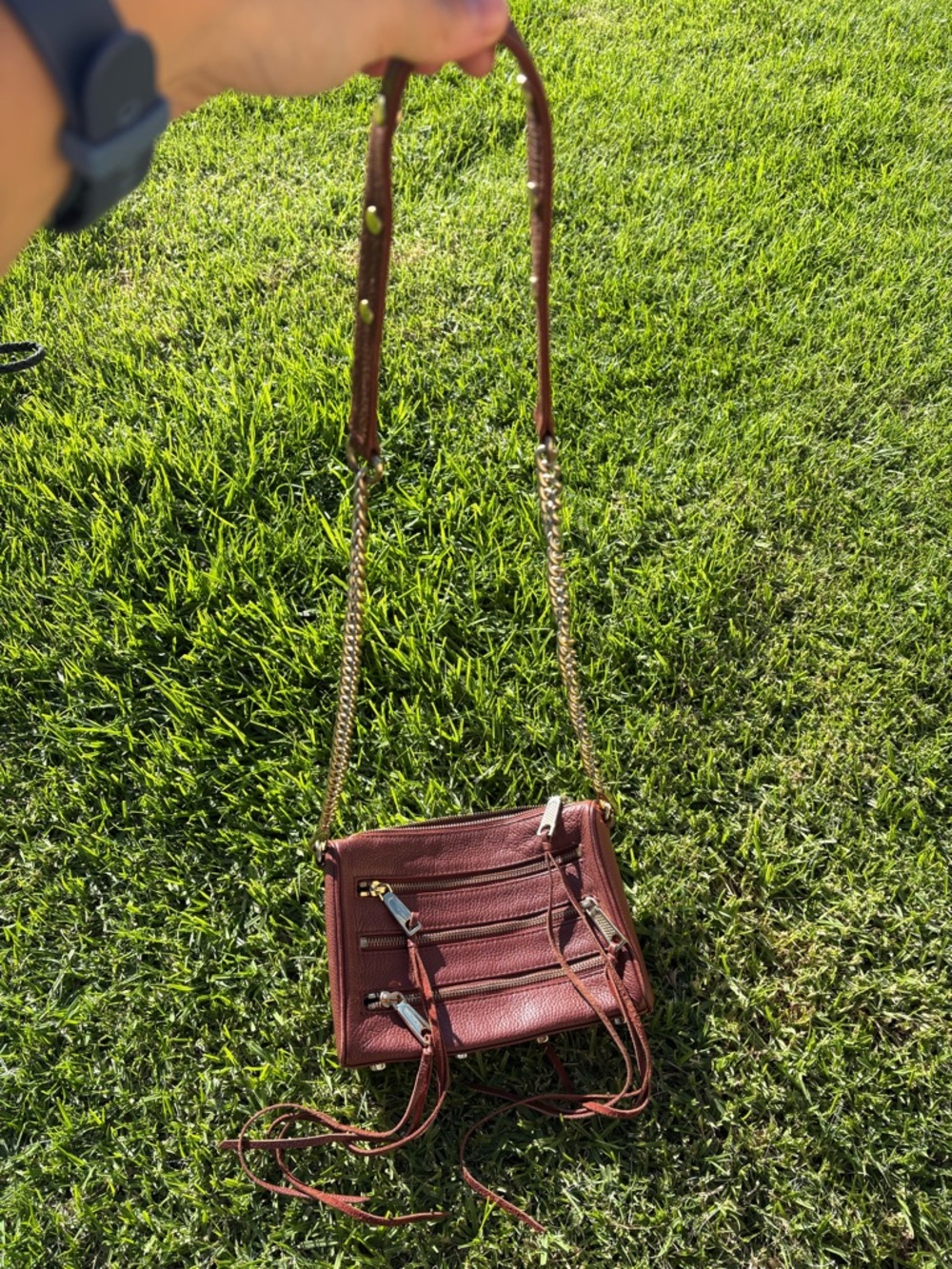 Rebecca Minkoff Cognac Leather Crossbody with Gold Chain Strap